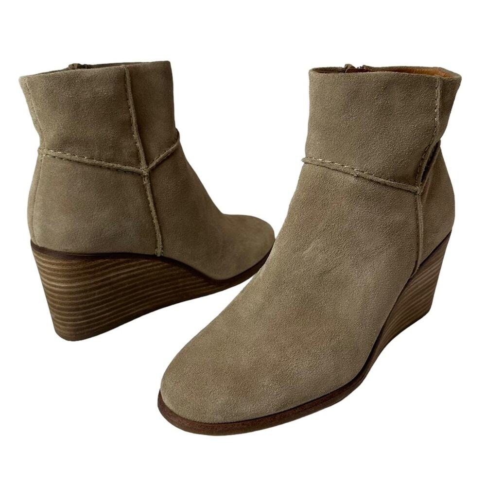 Lucky Brand Leather Suede Wedge Tan Boots Booties Women’s Size 8.5